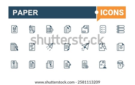 Paper icons set in linear style. Related to draw, wing, form, search, paper and more. Outline icon. Solid line editable stroke. Vector line and solid icons.