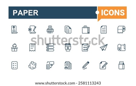 Paper icons set in linear style. Related to draw, wing, form, search, paper and more. Outline icon. Solid line editable stroke. Vector line and solid icons.