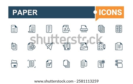 Paper icons set in linear style. Related to draw, wing, form, search, paper and more. Outline icon. Solid line editable stroke. Vector line and solid icons.