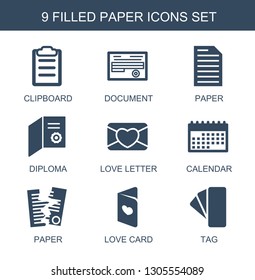 paper icons. Trendy 9 paper icons. Contain icons such as clipboard, document, diploma, love letter, calendar, love card, tag. paper icon for web and mobile.