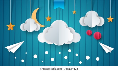 Paper Illustration. Airplane, Cloud Moon Star Vector Eps 10