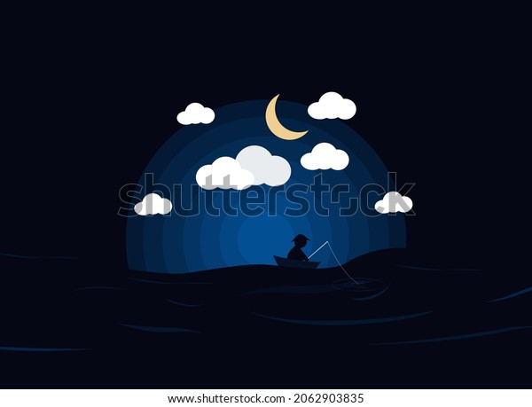 paper illustration alone man in a boat fishing at\
night under the moon, dark sky, fluffy and soft clouds, dark water,\
in the middle of the sea, ocean or lake, water surface, night\
fishing, dawn soon