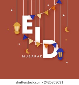 Ilustración de papel de colgar el texto de Eid Mubarak con luna creciente, linterna, estrella y decoración de banderas para la celebración del Festival Islámico.