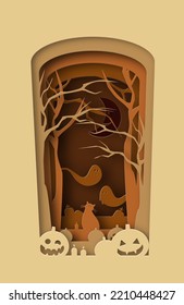 Paper illustration of happy Halloween. Laughing pumpkin in a haunted forest and a black cat. 