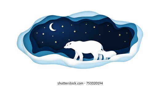 Paper illustration with polar bears going at night on the north pole. Vector illustration.