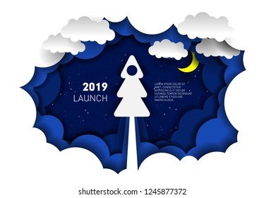 Paper illustration of a rocket in the form of a Christmas tree. Paper-cut style. 2019 new year and Christmas