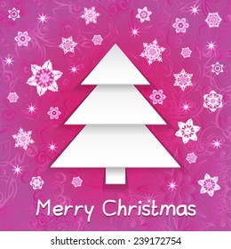 paper imitation christmas tree with snowflakes on a pink background - vector illustration