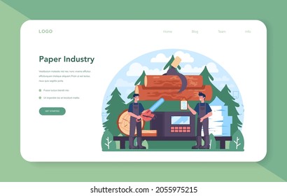 Paper industry web banner or landing page. Wood processing and paper production factory. Cutting wood and making paper and cardboard process. Isolated flat vector illustration