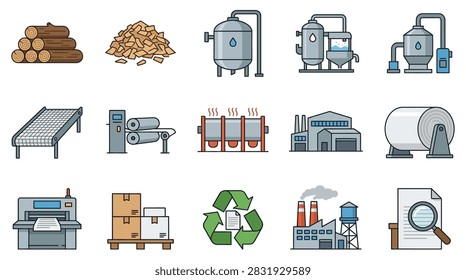 Paper industry and wood processing production icon set.