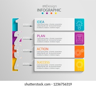 Paper infographic template with 4 options for presentation and data visualization. Business process chart. Diagram with four steps to success. For content, flowchart, workflow. Vector illustration.