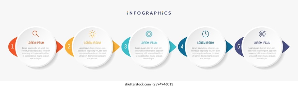 Plantilla de infografía de papel con 5 opciones de círculo para presentación y visualización de datos. Diagrama de procesos empresariales.Diagrama con cinco pasos para el éxito.Para contenido, diagrama de flujo, flujo de trabajo.