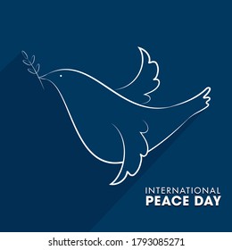 Paper International Peace Day Text with Pigeon Bird in White Line Art on Blue Background.