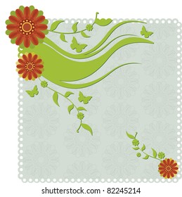 Paper invitation with flowers. Paper background with flowers, branches and flowers and butterflies.