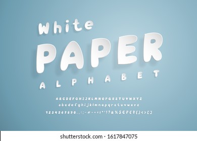 Paper Italic alphabet. Bold white font, realistic paper cut out style. Uppercase and lowercase letters, numbers, marks and signs. Flying 3D typeface on gray-blue background