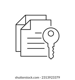 Paper and key. Keyword, lock document. Credentials icon line style isolated on white background. Vector illustration