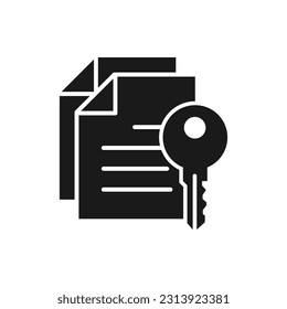 Papier und Schlüssel. Schlagwort, Dokument sperren. Credentials-Icon-Zeilenstil einzeln auf weißem Hintergrund. Vektorgrafik