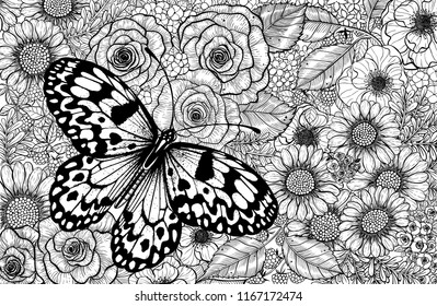 The paper kite butterfly on background with various flowers - roses, daisies and leaves.