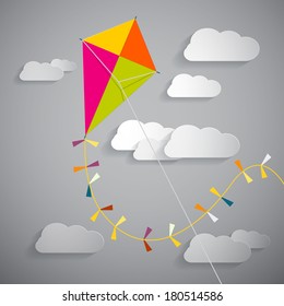 Paper Kite on Sky with Clouds -  Vector Illustration