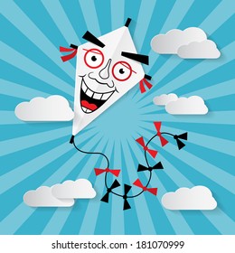Paper Kite on Sky with Clouds - Vector Illustration