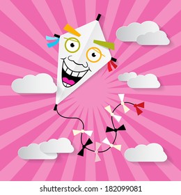 Paper Kite on Sky with Clouds - Vector Illustration 
