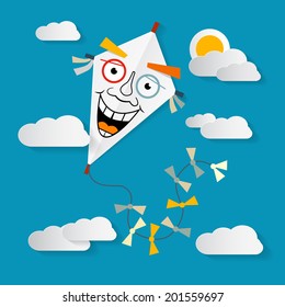 Paper Kite on Sky with Clouds and Sun Vector Illustration 