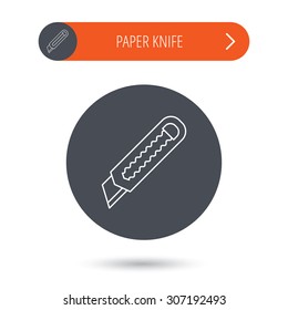 Paper knife icon. Cutter tool sign. Gray flat circle button. Orange button with arrow. Vector