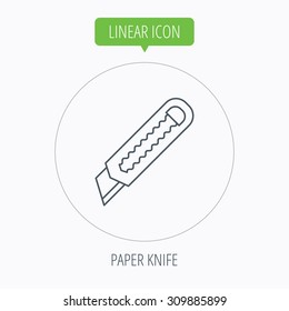 Paper knife icon. Cutter tool sign. Linear outline circle button. Vector