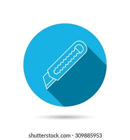 Paper knife icon. Cutter tool sign. Blue flat circle button with shadow. Vector