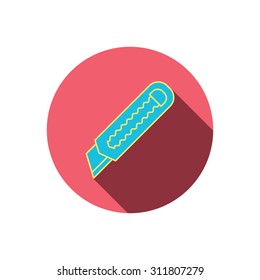 Paper knife icon. Cutter tool sign. Red flat circle button. Linear icon with shadow. Vector
