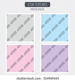 Paper knife icon. Cutter tool sign. Diagonal lines texture. Seamless patterns set. Vector