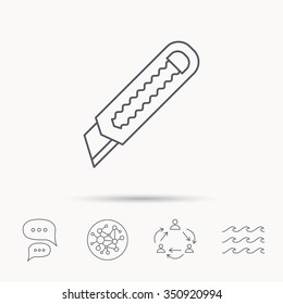 Paper knife icon. Cutter tool sign. Global connect network, ocean wave and chat dialog icons. Teamwork symbol.