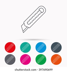 Paper knife icon. Cutter tool sign. Linear icons in circles on white background.