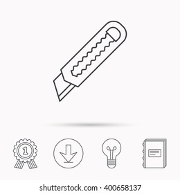 Paper knife icon. Cutter tool sign. Download arrow, lamp, learn book and award medal icons.
