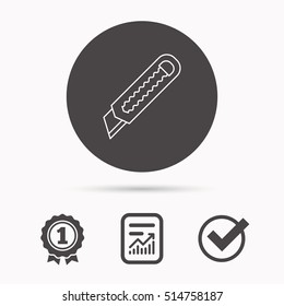 Paper knife icon. Cutter tool sign. Report document, winner award and tick. Round circle button with icon. Vector