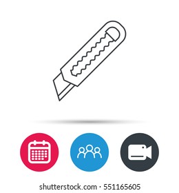 Paper knife icon. Cutter tool sign. Group of people, video cam and calendar icons. Vector