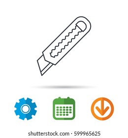 Paper knife icon. Cutter tool sign. Calendar, cogwheel and download arrow signs. Colored flat web icons. Vector