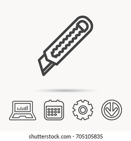 Paper knife icon. Cutter tool sign. Notebook, Calendar and Cogwheel signs. Download arrow web icon. Vector
