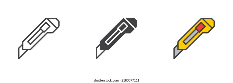 Icono de cuchillo de papel. Versión colorida de línea, glifo y contorno relleno, contorno de cuchilla de corte y signo vectorial relleno. Símbolo, ilustración del logotipo. Conjunto de iconos de estilo diferente. Gráficos vectoriales