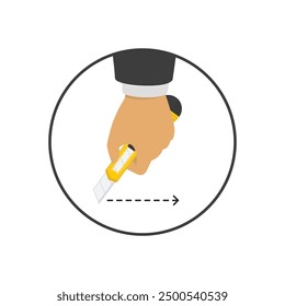 Paper knife in man hands, above the cut line. Businessman holding office plastic paper knife in hand. Cutting borders template.