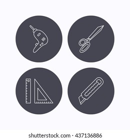 Paper knife, school supplies and scissors icons. Drill tool linear sign. Flat icons in circle buttons on white background. Vector