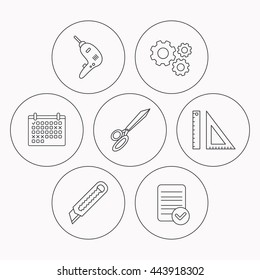 Paper knife, school supplies and scissors icons. Drill tool linear sign. Check file, calendar and cogwheel icons. Vector