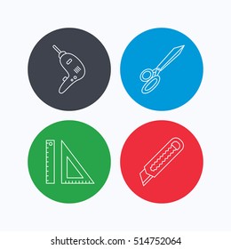 Paper knife, school supplies and scissors icons. Drill tool linear sign. Linear icons on colored buttons. Flat web symbols. Vector