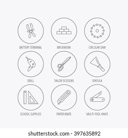 Paper knife, spatula and scissors icons. Circular saw, brickwork and drill tool linear signs. Multi-tool knife, rulers icons. Linear colored in circle edge icons.