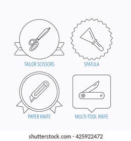 Paper knife, spatula and scissors icons. Multi-tool knife linear sign. Award medal, star label and speech bubble designs. Vector