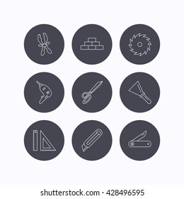 Paper knife, spatula and scissors icons. Circular saw, brickwork and drill tool linear signs. Multi-tool knife, rulers icons. Flat icons in circle buttons on white background. Vector