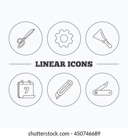 Paper knife, spatula and scissors icons. Multi-tool knife linear sign. Flat cogwheel and calendar symbols. Linear icons in circle buttons. Vector
