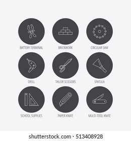 Paper knife, spatula and scissors icons. Circular saw, brickwork and drill tool linear signs. Multi-tool knife, rulers icons. Linear icons in circle buttons. Flat web symbols. Vector