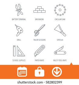 Paper knife, spatula and scissors icons. Circular saw, brickwork and drill tool linear signs. Multi-tool knife, rulers icons. Download arrow, locker and calendar web icons. Vector