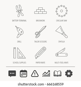 Paper knife, spatula and scissors icons. Circular saw, brickwork and drill tool linear signs. Multi-tool knife, rulers icons. Education book, Graph chart and Chat signs. Vector