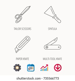 Paper knife, spatula and scissors icons. Multi-tool knife linear sign. Calendar, Graph chart and Cogwheel signs. Download colored web icon. Vector